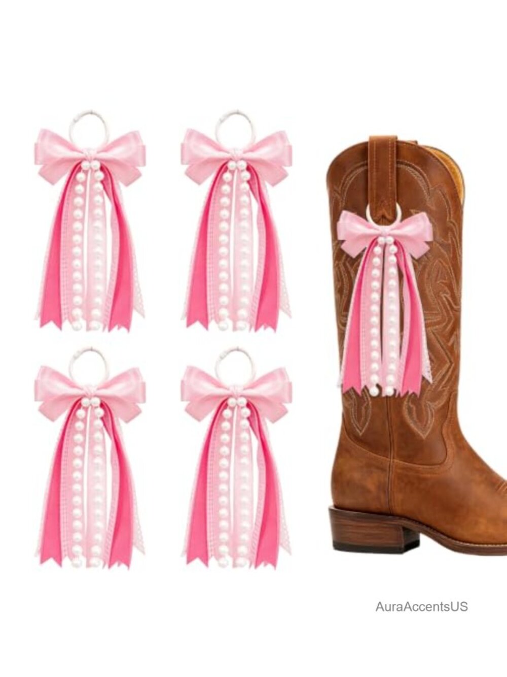 4 Pcs Satin Lace Pearl Boot Bows with Clips Removable Cowgirl Boot Charms